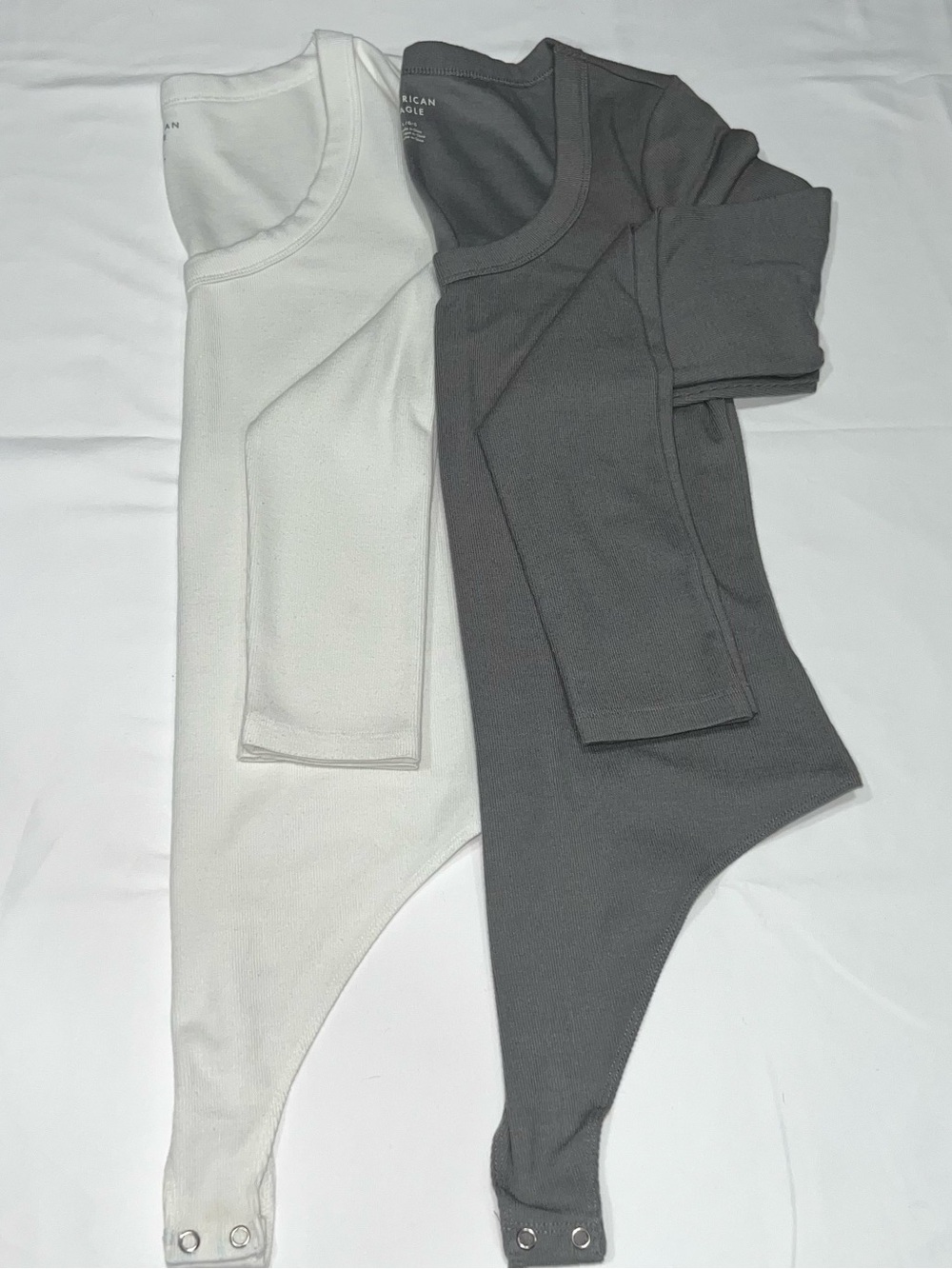American Eagle Outfitters White and Gray Long Sleeve Ribbed Bodysuits